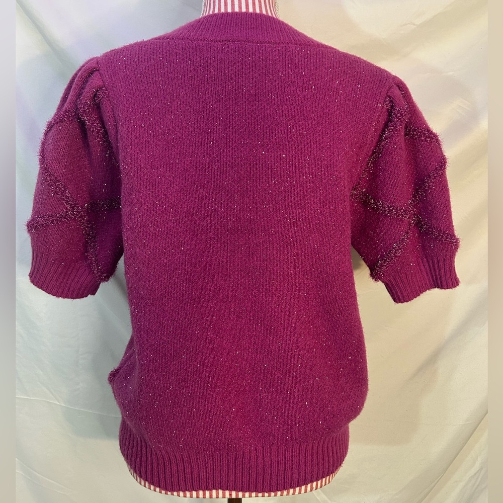 Ces Femme Pink Fuzzy Sparkly Knit Sweater Short Puff Sleeves Size Large - Picture 6 of 8
